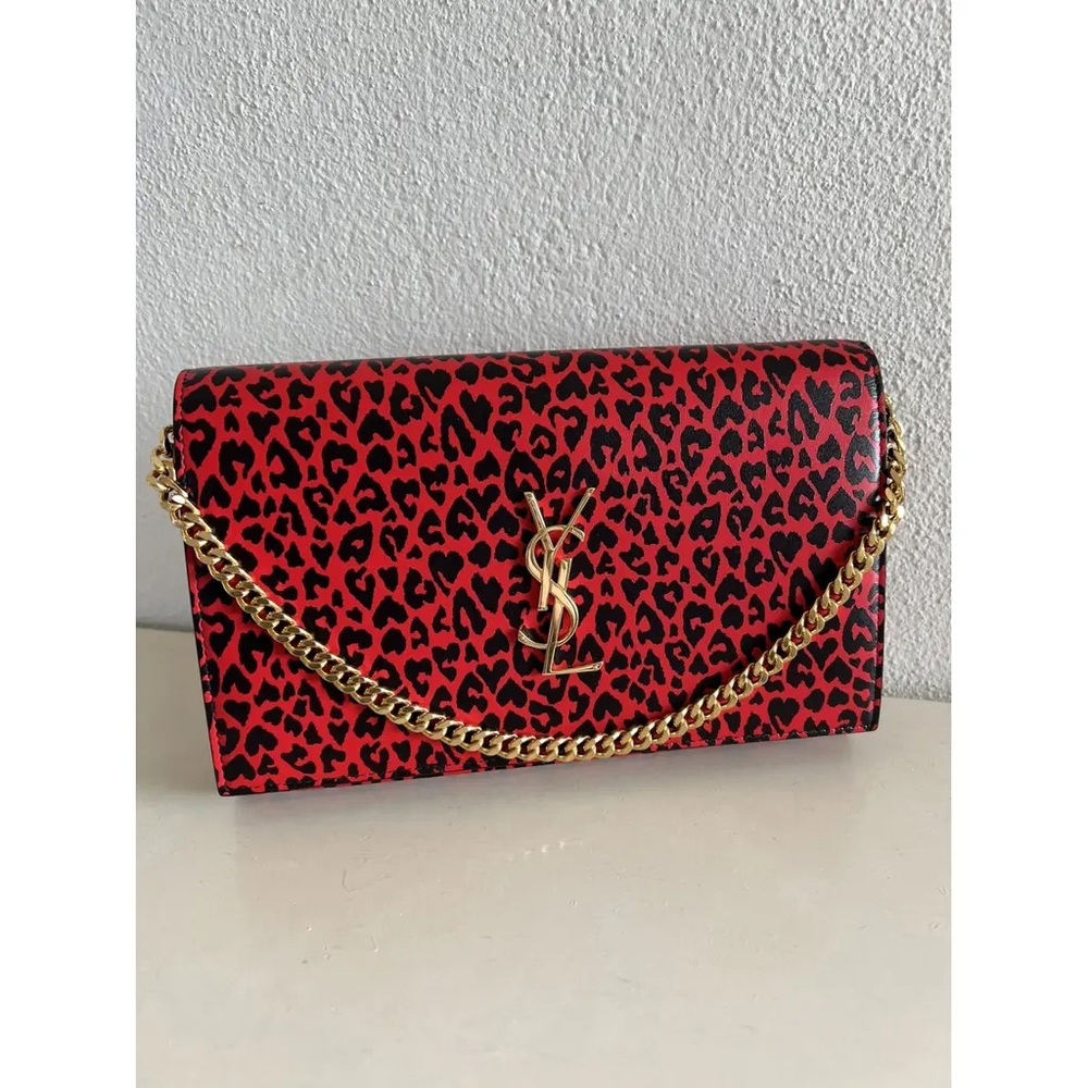 Yves Saint Laurent Red and Black Leopard Clutch with Gold Chain